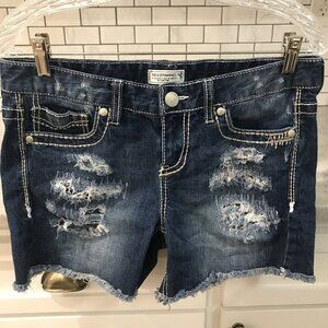 Nevermind Denim Shorts Womens 31 Blue Jean Cut Offs Distressed Raw Hem Bohemian